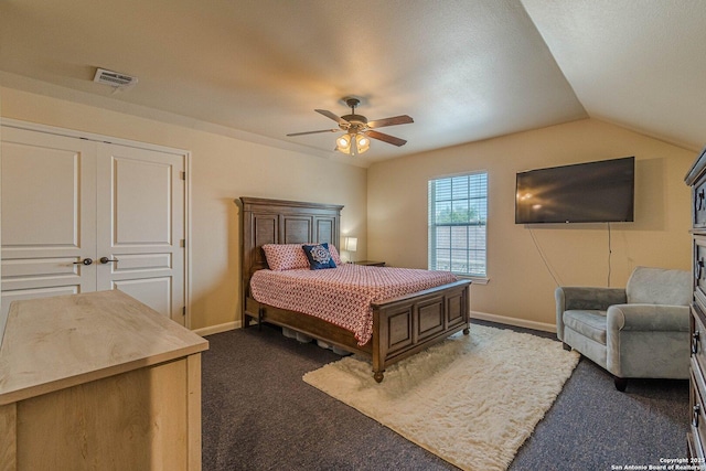 1459 Janets, New Braunfels, TX 78130 - bedroom featuring dark colored carpet, a ceiling fan, baseboards, and vaulted ceiling