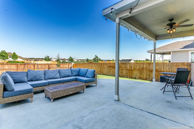 7010 Whipsaw Pt, San Antonio, TX 78253 - view of patio with outdoor lounge area, a fenced backyard, and a ceiling fan