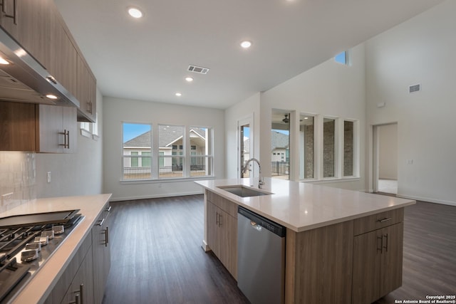 103 Valencia, Boerne, TX 78006 - kitchen featuring appliances with stainless steel finishes, a sink, dark wood finished floors, modern cabinets, and recessed lighting