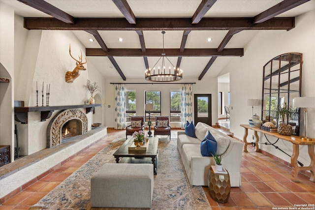 8122 Triple Crown, Fair Oaks Ranch, TX 78015 - living room featuring beamed ceiling, a chandelier, a lit fireplace, recessed lighting, and tile patterned flooring