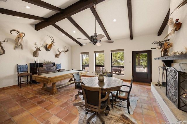 8122 Triple Crown, Fair Oaks Ranch, TX 78015 - dining area with recessed lighting, a fireplace, baseboards, a ceiling fan, and light tile patterned floors