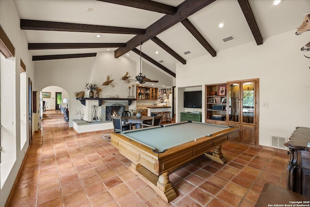 8122 Triple Crown, Fair Oaks Ranch, TX 78015 - recreation room with arched walkways, recessed lighting, beam ceiling, billiards, and ceiling fan