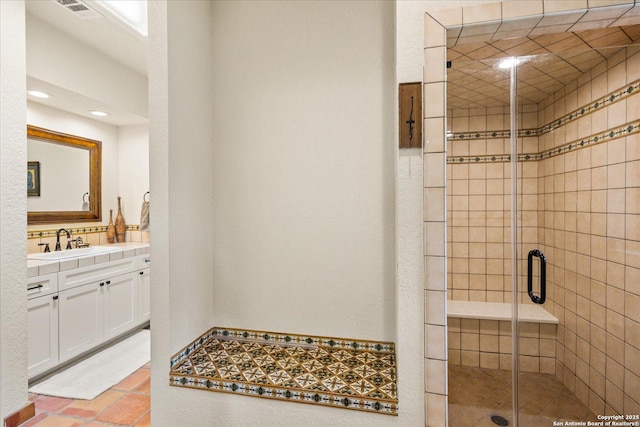 8122 Triple Crown, Fair Oaks Ranch, TX 78015 - bathroom with a stall shower, vanity, and recessed lighting