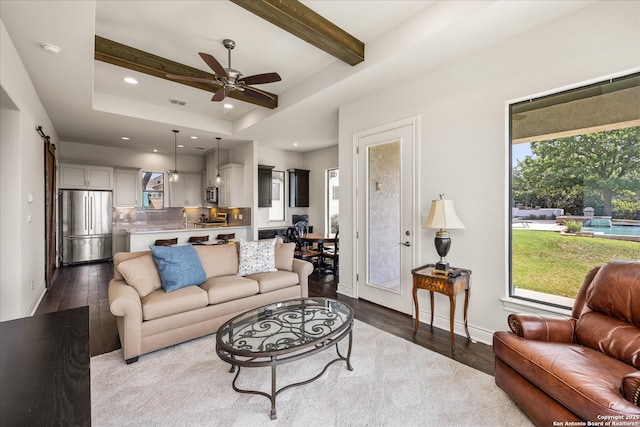 8122 Triple Crown, Fair Oaks Ranch, TX 78015 - living room with dark wood-type flooring, recessed lighting, ceiling fan, beam ceiling, and baseboards