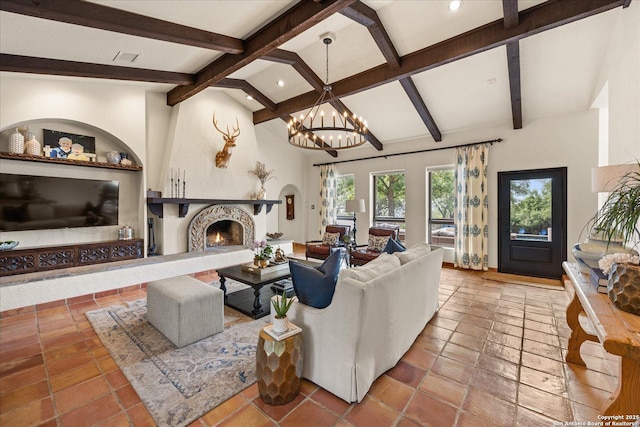 8122 Triple Crown, Fair Oaks Ranch, TX 78015 - living room featuring a chandelier, recessed lighting, and a lit fireplace