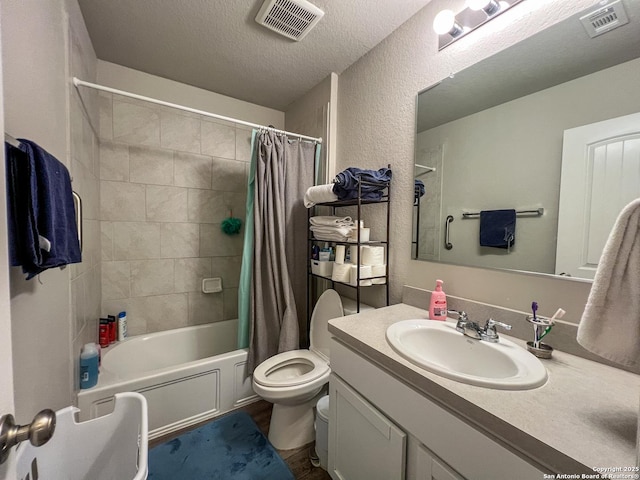 2340 Arctic Warbler, New Braunfels, TX 78130 - bathroom featuring toilet, vanity, shower / tub combo, and a textured ceiling