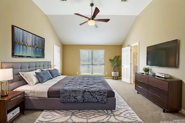 24931 Crescent Run, San Antonio, TX 78258 - bedroom featuring light colored carpet, high vaulted ceiling, a ceiling fan, and baseboards
