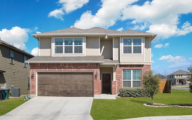 5727 Ivans Farm, San Antonio, TX 78244 - view of front facade with driveway, brick siding, a garage, a front yard, and roof with shingles