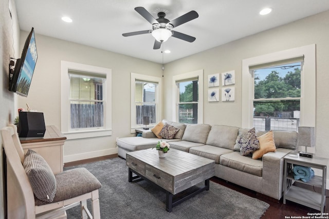 621 Center St, San Antonio, TX 78202 - living room featuring dark wood-style floors, a ceiling fan, recessed lighting, and baseboards