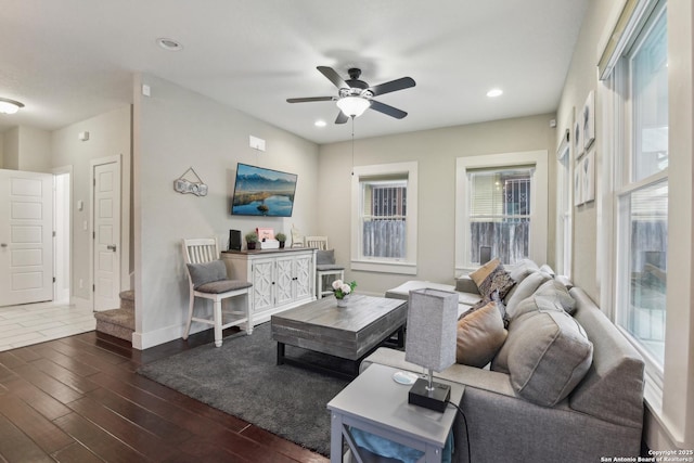 621 Center St, San Antonio, TX 78202 - living area with wood finished floors, a ceiling fan, recessed lighting, stairs, and baseboards
