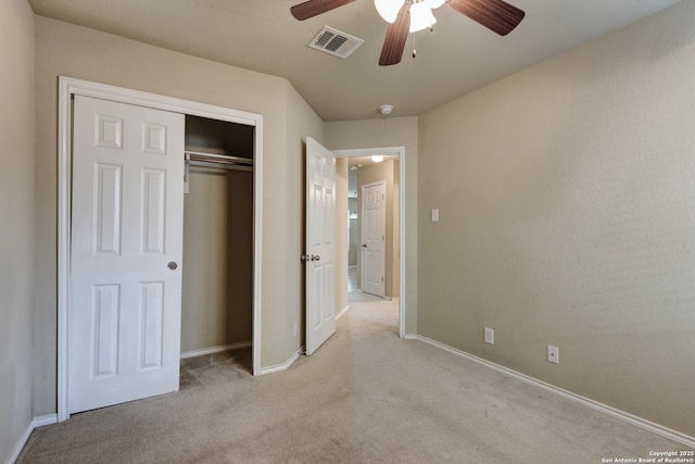 114 Arcadia Pl, Cibolo, TX 78108 - unfurnished bedroom featuring light carpet, baseboards, a closet, and a ceiling fan
