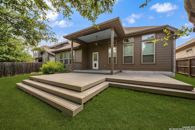 5847 Sweetwater, San Antonio, TX 78253 - back of property with ceiling fan and a wooden deck