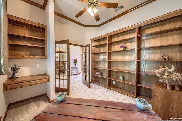 13742 Corinth, Universal City, TX 78148 - carpeted home office featuring french doors, crown molding, a ceiling fan, and baseboards
