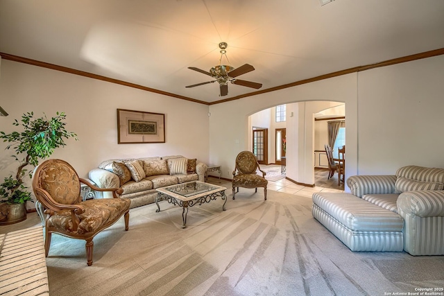 13742 Corinth, Universal City, TX 78148 - living room with arched walkways, light colored carpet, a ceiling fan, and ornamental molding