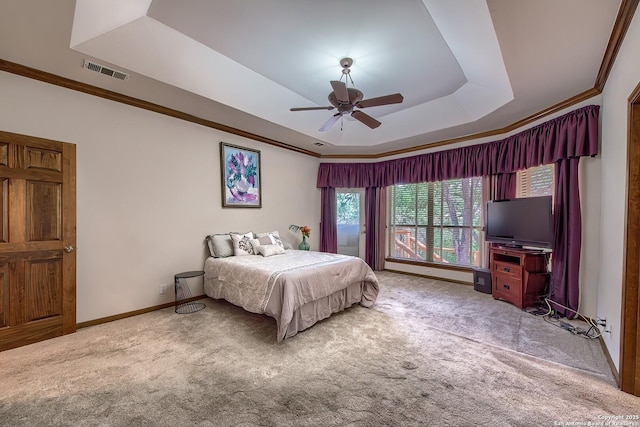 13742 Corinth, Universal City, TX 78148 - bedroom featuring a tray ceiling, carpet flooring, crown molding, baseboards, and ceiling fan