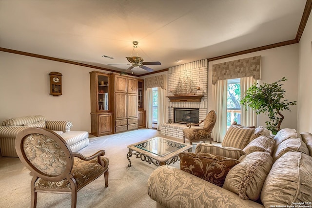 13742 Corinth, Universal City, TX 78148 - living room with light colored carpet, a ceiling fan, ornamental molding, a brick fireplace, and a baseboard radiator
