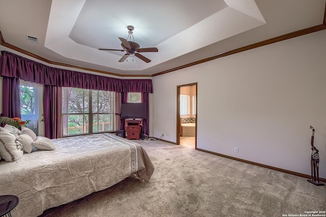 13742 Corinth, Universal City, TX 78148 - bedroom with a tray ceiling, carpet floors, baseboards, ornamental molding, and ceiling fan