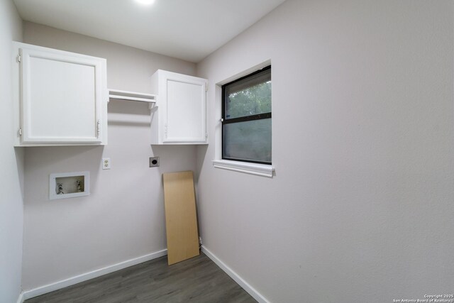 7927 Misty Park, San Antonio, TX 78250 - clothes washing area with cabinet space, electric dryer hookup, dark wood finished floors, baseboards, and hookup for a washing machine