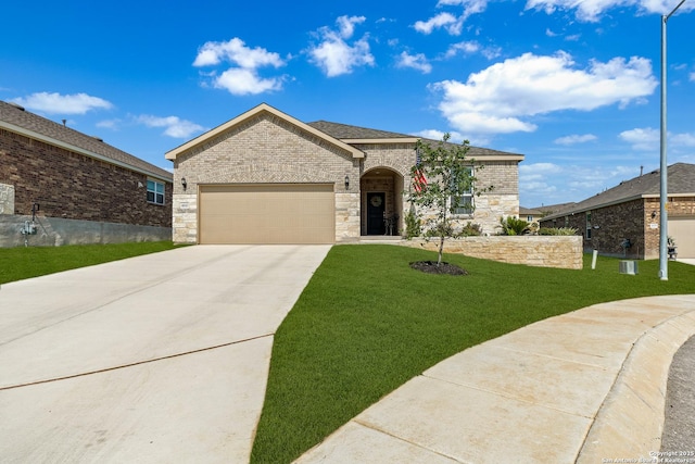 4610 Honeydew Rdg, San Antonio, TX 78253 - view of front of property with concrete driveway, an attached garage, stone siding, and a front yard