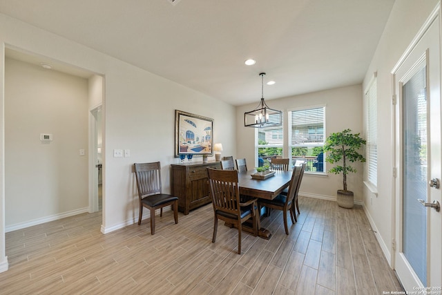 4610 Honeydew Rdg, San Antonio, TX 78253 - dining space featuring light wood-style flooring, baseboards, a chandelier, and recessed lighting