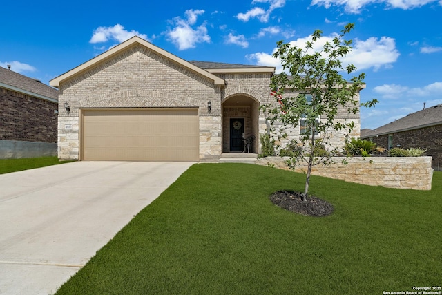 4610 Honeydew Rdg, San Antonio, TX 78253 - french country home featuring concrete driveway, an attached garage, a front lawn, and stone siding