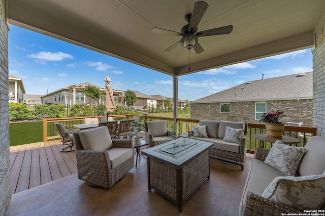 4610 Honeydew Rdg, San Antonio, TX 78253 - deck featuring an outdoor living space, a residential view, ceiling fan, and a lawn
