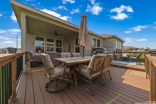 4610 Honeydew Rdg, San Antonio, TX 78253 - wooden deck with ceiling fan and outdoor dining area