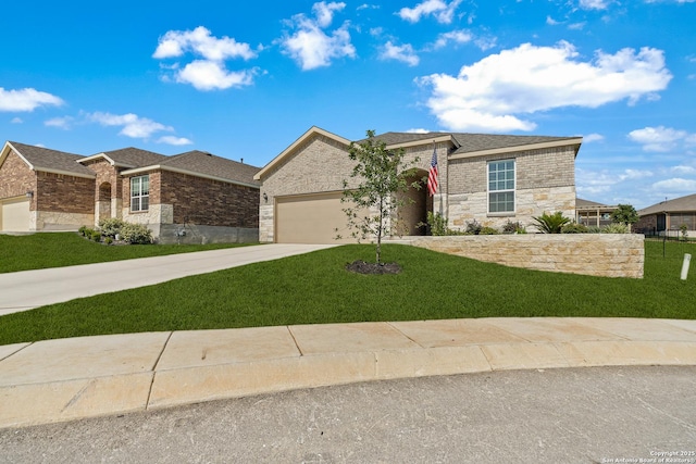 4610 Honeydew Rdg, San Antonio, TX 78253 - view of front of home featuring stone siding, concrete driveway, a garage, a front lawn, and brick siding