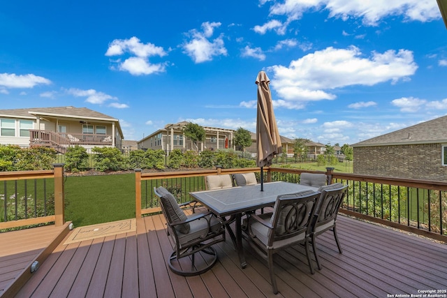 4610 Honeydew Rdg, San Antonio, TX 78253 - deck featuring outdoor dining space, a residential view, and a yard