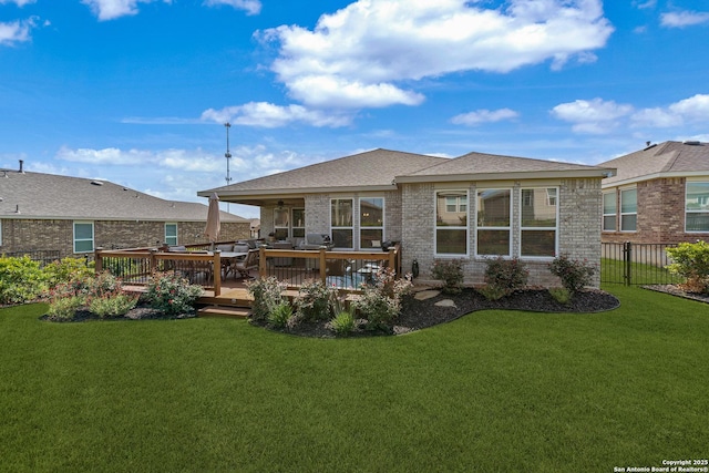 4610 Honeydew Rdg, San Antonio, TX 78253 - back of house featuring a deck, brick siding, ceiling fan, and a shingled roof