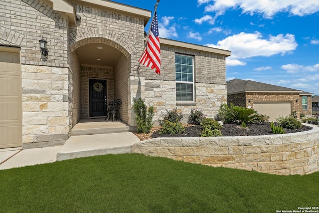 4610 Honeydew Rdg, San Antonio, TX 78253 - entrance to property with stone siding, a garage, brick siding, and a yard