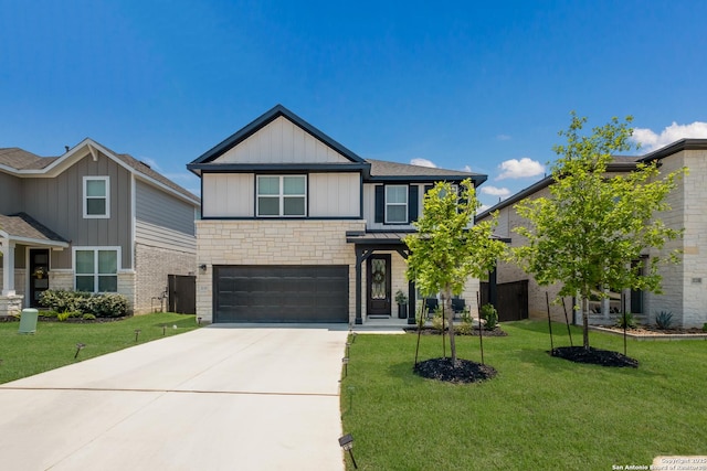 2130 Dalhart, San Antonio, TX 78253 - view of front of property with an attached garage, driveway, board and batten siding, and a front lawn