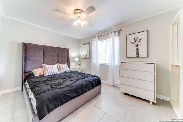 2111 Peach Blossom St, San Antonio, TX 78247 - bedroom featuring ornamental molding, baseboards, light tile patterned floors, and a ceiling fan