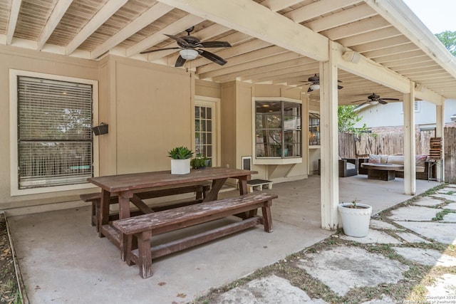 2111 Peach Blossom St, San Antonio, TX 78247 - view of patio / terrace featuring a ceiling fan, fence, and outdoor dining area