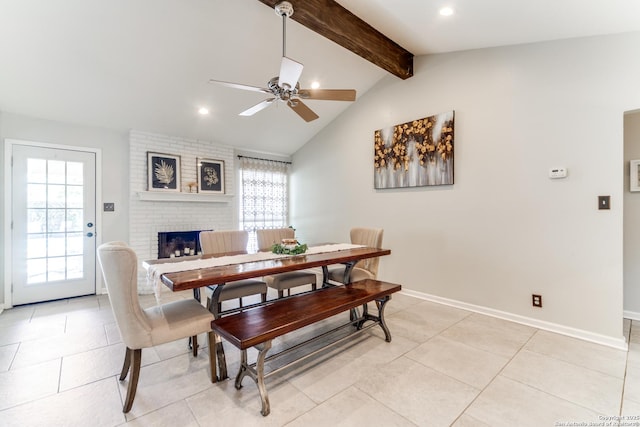 2111 Peach Blossom St, San Antonio, TX 78247 - dining space with ceiling fan, baseboards, recessed lighting, light tile patterned floors, and a brick fireplace