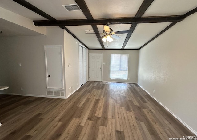 459 Maddux, San Antonio, TX 78227 - unfurnished living room with wood finished floors, ceiling fan, baseboards, beamed ceiling, and coffered ceiling