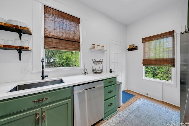 419 Wickes, San Antonio, TX 78210 - kitchen with green cabinetry, dishwasher, open shelves, a sink, and healthy amount of natural light