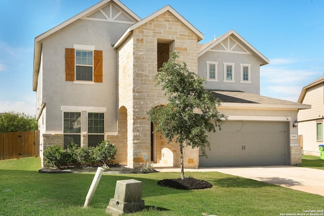 9569 Witten Dr, San Antonio, TX 78254 - view of front of home with stucco siding, a garage, concrete driveway, and stone siding