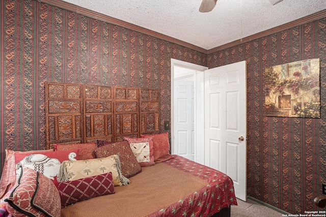 5954 Oak Run, San Antonio, TX 78247 - carpeted bedroom featuring a textured ceiling, ornamental molding, and a ceiling fan