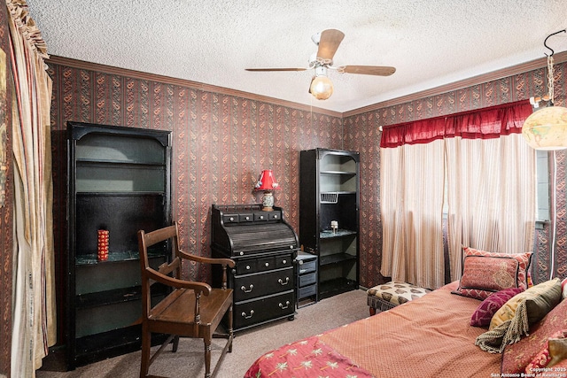 5954 Oak Run, San Antonio, TX 78247 - bedroom featuring a textured ceiling, crown molding, carpet flooring, wallpapered walls, and ceiling fan