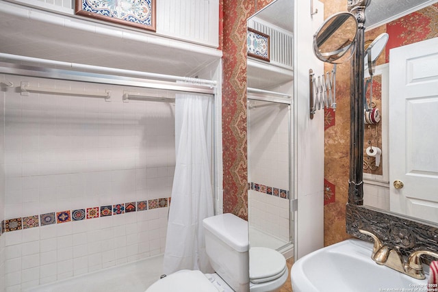5954 Oak Run, San Antonio, TX 78247 - full bath with a sink, a shower stall, wallpapered walls, and toilet