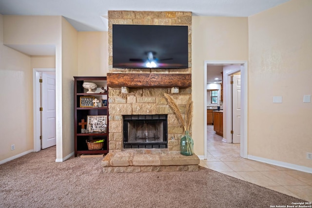 103 River Mdw, Castroville, TX 78009 - unfurnished living room featuring a fireplace, carpet flooring, baseboards, and tile patterned flooring