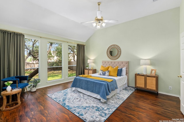 18852 Agin Ct, San Antonio, TX 78258 - bedroom with lofted ceiling, baseboards, wood finished floors, and ceiling fan