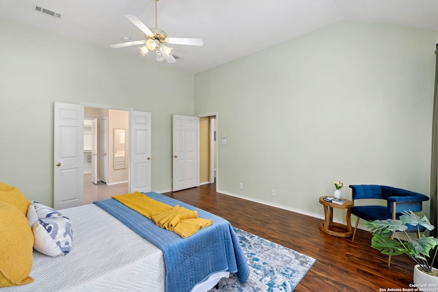 18852 Agin Ct, San Antonio, TX 78258 - bedroom with high vaulted ceiling, wood finished floors, baseboards, and a ceiling fan