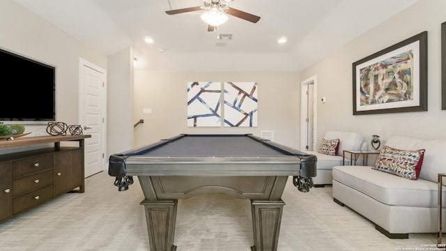 4207 Colina Crst, San Antonio, TX 78261 - recreation room with light carpet, a ceiling fan, pool table, and recessed lighting