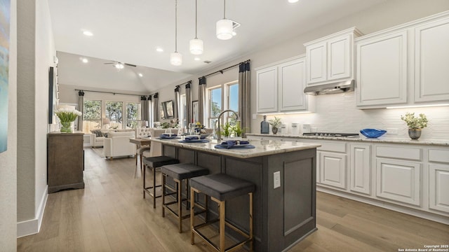 4207 Colina Crst, San Antonio, TX 78261 - kitchen with open floor plan, white cabinets, under cabinet range hood, tasteful backsplash, and recessed lighting