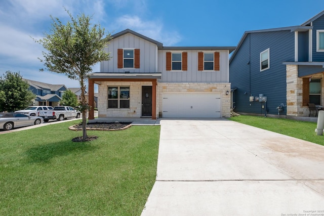 11510 Bakersfield Pass, San Antonio, TX 78245 - view of front facade with board and batten siding, driveway, a garage, a front lawn, and stone siding