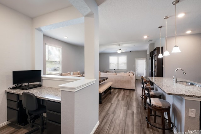 11510 Bakersfield Pass, San Antonio, TX 78245 - home office featuring a sink, dark wood finished floors, healthy amount of natural light, ceiling fan, and recessed lighting