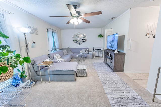 5003 Rustic Rdg, San Antonio, TX 78228 - living area featuring ornamental molding, carpet, a ceiling fan, and a textured ceiling