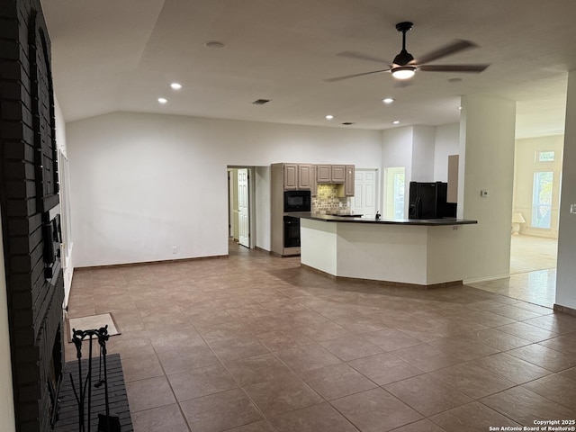 2411 Kelso, San Antonio, TX 78248 - kitchen featuring black appliances, dark countertops, ceiling fan, tasteful backsplash, and recessed lighting